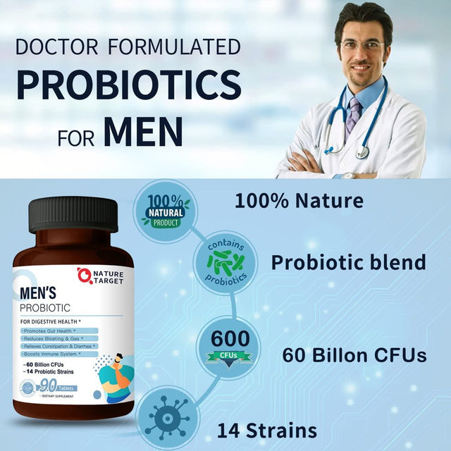 NATURE TARGET Probiotics for Men with Men Care Supplement, Prebiotics & Probiotic for Men'S Digestive and Immune Health,60 Billion Cfus & 14 Strains Shelf Stable, Gluten & Soy Free (90 Tablets)