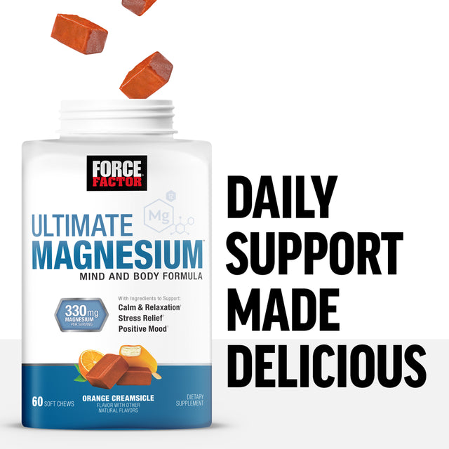 Force Factor Ultimate Magnesium Supplement, Magnesium for Sleep, Stress Relief, Calm, and Relaxation, Magnesium Chewable, Vegan, Gluten Free, & Non-Gmo, Orange Creamsicle Flavor, 60 Soft Chews