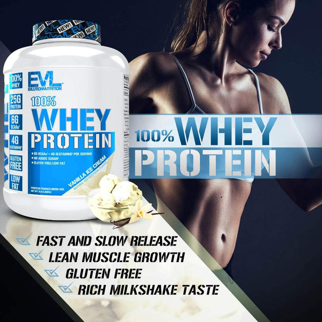 Evlution Nutrition 100% Whey Protein, 25G of Whey Protein, 6G of Bcaas, 4G of Glutamine, Gluten Free (5 LB, Vanilla Ice Cream)