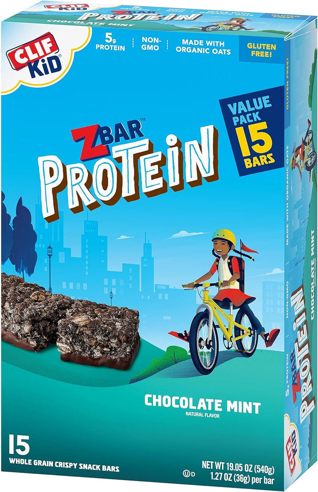 CLIF Kid Zbar Protein - Chocolate Mint - Crispy Whole Grain Snack Bars - Made with Organic Oats - Non-Gmo - 5G Protein - 1.27 Oz. (15 Pack)