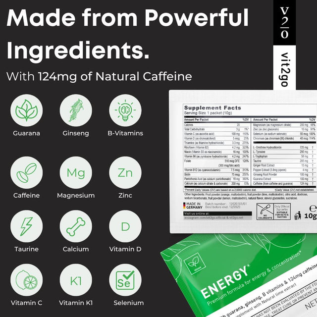 Energy Powder with Magnesium, Zinc, and B Vitamins | Contains 124Mg of Natural Caffeine from Ginseng and Guarana | Perfect for Naturally Enhancing Mental and Physical Performance, 10 Sachets