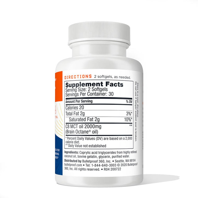 Brain Octane C8 MCT Oil, 2000Mg Caprylic Acid Triglycerides from Non-Gmo Coconuts, 60 Softgels, Bulletproof Keto Supplement for Cognitive Function and Gut Health