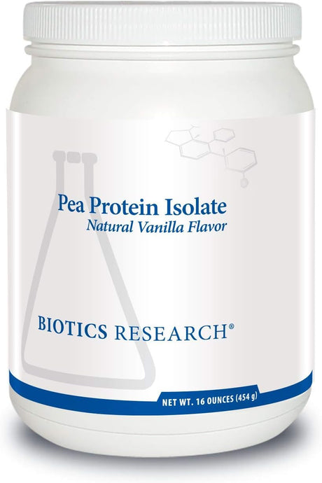 BIOTICS Research Pea Protein Isolate Natural Vanilla Flavored. Mixes Easily with Water or Juice. Premium Pea Protein. 25 Gram Clean Protein per Serving 16 Ounces