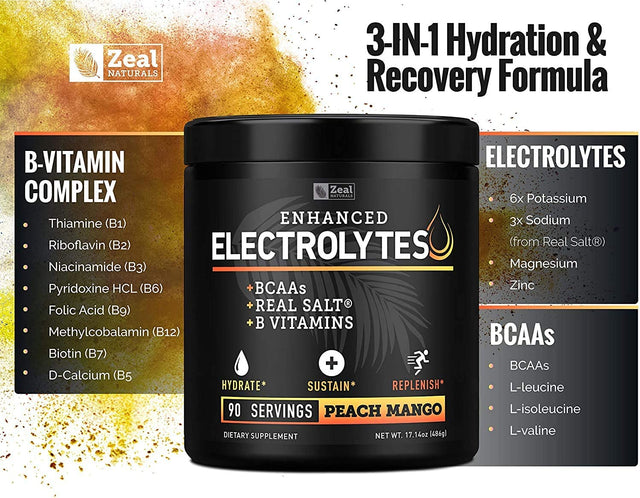 Enhanced Electrolyte Powder (Peach Mango | 90Ct.) + BCAA, B-Vitamins & Real Salt® - Hydration Powder W Potassium, Sodium, Zinc, Magnesium for Hydration