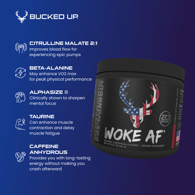 Bucked up Woke Af Pre-Workout Powder, Increase Energy, Rocket Pop, 333Mg Caffeine, 20 Servings