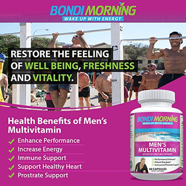 Bondi Morning Men'S Multivitamin - Performance Enhancer & Energizer Nongmo Advanced Daily Dietary Supplement - Vitamins, Minerals, Antioxidants & Herbs - 60 Capsules