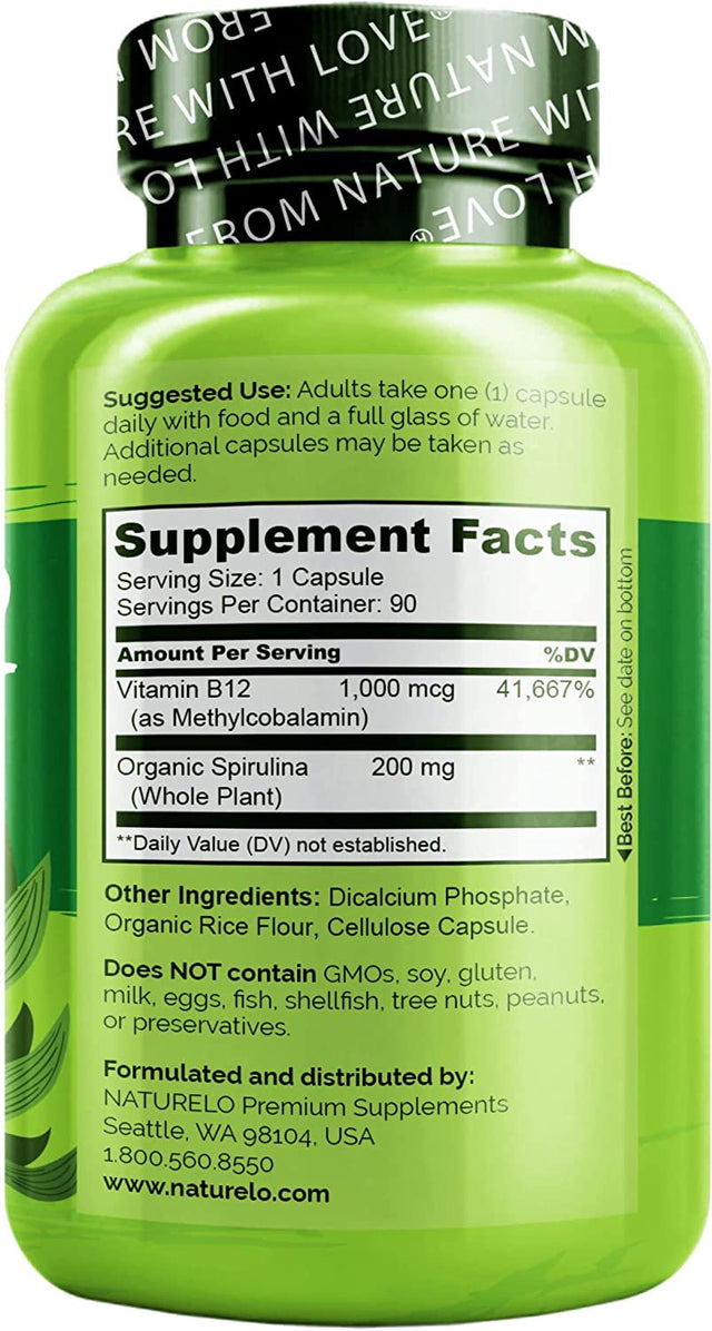 NATURELO Vegan B12 - Methyl B12 with Organic Spirulina - High Potency Vitamin B12 1000 Mcg Methylcobalamin - Supports Healthy Mood, Energy, Heart & Eye Health - 90 Capsules