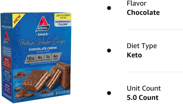 Atkins Chocolate Crème Protein Wafer Crisps, Protein Dessert, 4G Net Carb, 1G Sugar, High in Fiber, Keto Friendly, 5 Count