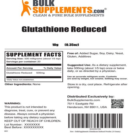 Bulksupplements.Com Glutathione Reduced Powder (10G - 20 Servings)