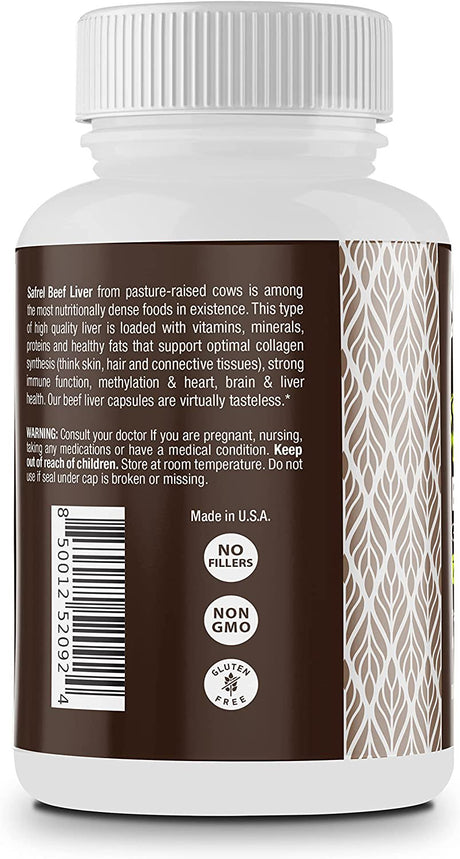 Safrel Grass Fed Desiccated Beef Liver Capsules – Pasture Raised – Undefatted 750Mg Each | No Fillers | Natural Iron, Vitamin A, B12 for Energy | Non-Gmo | Hormone & Pesticide Free | Gluten-Free