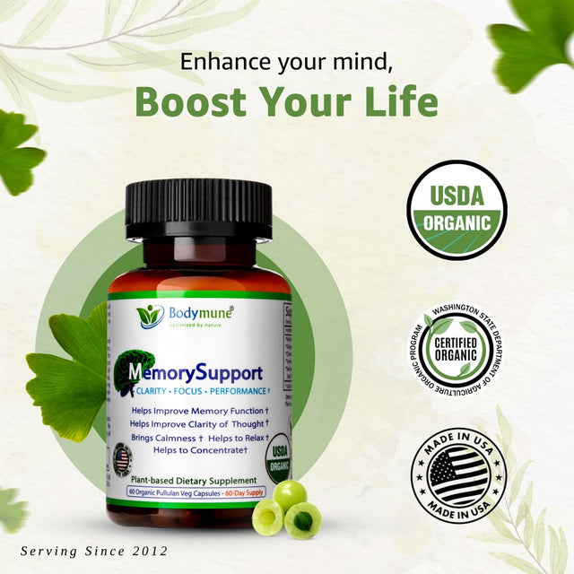 Bodymune Memory Support Supplement for Occasional Memory Loss Mental Fatigue Mental Exhaustion - Organic Ginkgo Biloba Ashwagandha Brahmi Chlorella Spirulina Noni Essential Oils & More 60-Day Supply