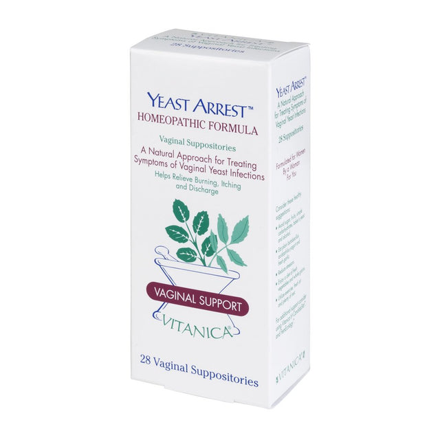 Vitanica Yeast Arrest, Homeopathic Vaginal Suppositories, for Yeast Infection Symptoms, Relieves Burning, Itching & Discharge, with Boric Acid, Tea Tree Oil & Probiotics, Vegan (Pro Logo, 28)