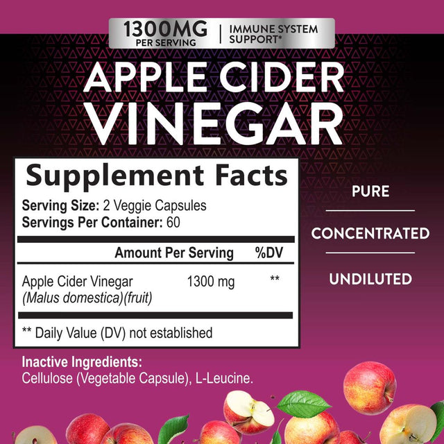 Apple Cider Vinegar Capsules for Detox and Cleanse, Digestion, and Immune Support, - 1300 Mg per Serving Premium ACV Pills - Gluten Free, Keto Friendly, Non-Gmo Supplement - 120 Capsules