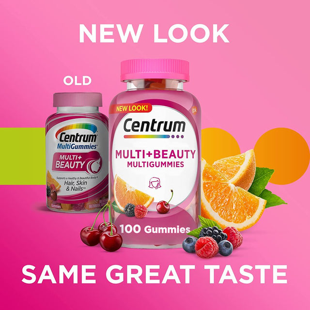 Centrum Multigummies Multi+ Beauty Dual Action Multivitamin, Specially Designed with Biotin for Healthy Hair, Skin and Nails, Cherry/Berry/Orange Flavors - 100 Count