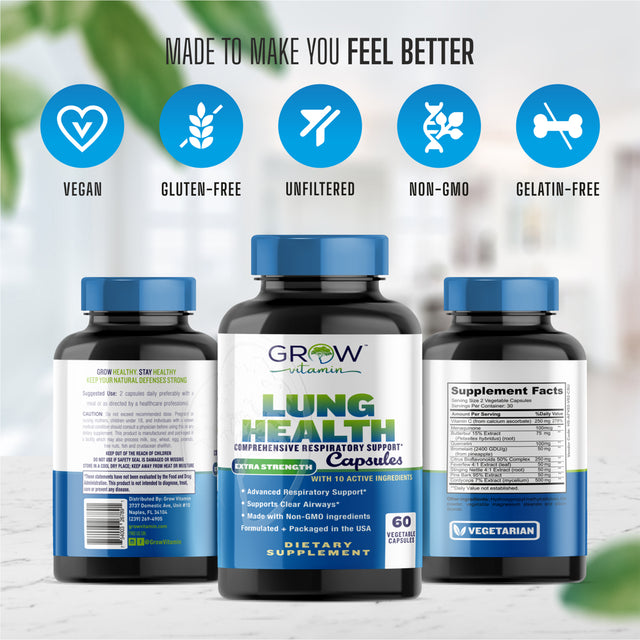 Grow Vitamin Lung Health, Respiratory Support Supplement, Lung Health Extra Strength Support, Lung Cleanse Formula with Vitamin C to Support Bronchial System, Breathwell Clear Airways - 60 Capsules