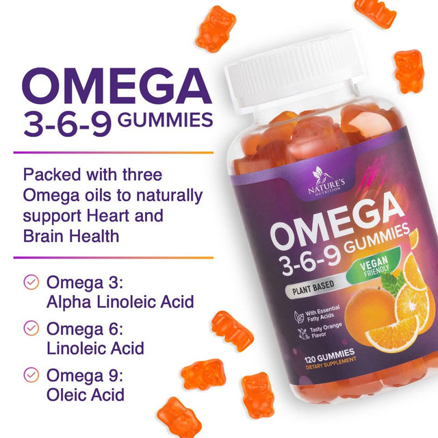 Omega 3 6 9 Vegan Gummies - Triple Strength Omega 3 Supplement Essential Oil Gummy - Omega 369 Heart Support and Brain Support for Women, Men & Pregnant Women, Non-Gmo, Orange Flavor - 120 Gummies