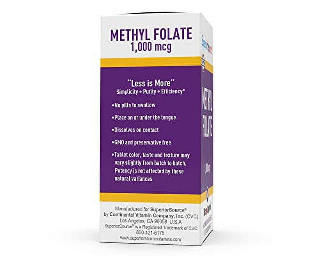 Superior Source Methylfolate 5-MTHF 1000 Mcg, Quick Dissolve Sublingual Tablets, 60 Ct, Biologically Active Form of Folate, Cardiovascular Health, Energy Metabolism & Prenatal Development, Non-Gmo