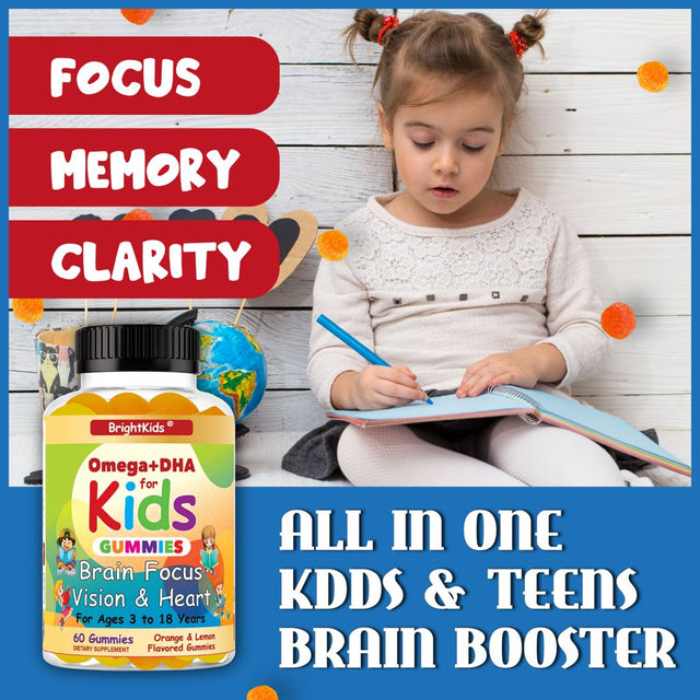 Brightkids Brain Focus, Vision & Heart Health Formula, Omega 3 Gummies +DHA, Support Focus Attention Memory Cognition Focus Formula for Kids 60 Gummies