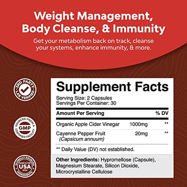 Apple Cider Vinegar Weight Loss Supplement Natural Detox Fat Burner Diet Pills Digestion Support Fast Acting Metabolism Booster Best Appetite Suppressant for Men and Women 90 Capsules