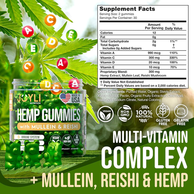 JOYLI Hemp Gummies - Natural Lung Cleanse with Mullein Leaf & Reishi Mushroom - Extra Strength Clean Lung Support Supplement with Vitamins A, C, D & E - Sugar-Free, Vegan, Non-Gmo - 60 Edibles