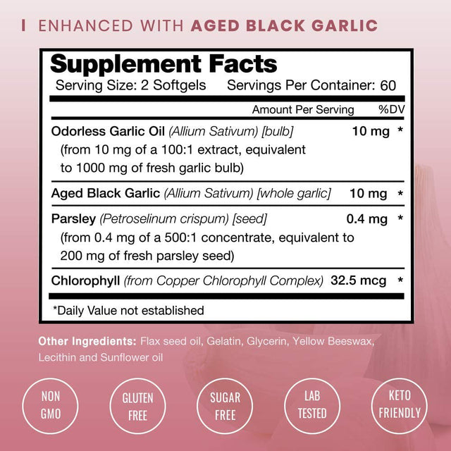 Nutrachamps Odorless Garlic Pills - Extra Strength 1000Mg Dose - Parsley, Chlorophyll & Aged Black Garlic Extract - 120 Softgels