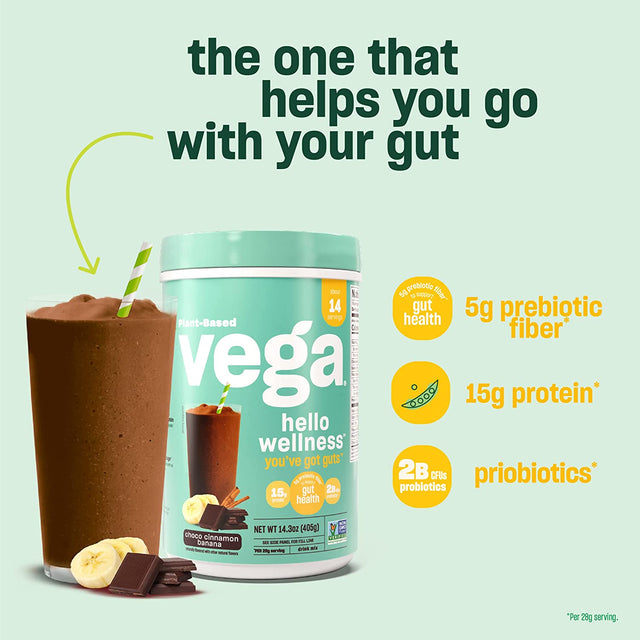 Vega Hello Wellness You’Ve Got Guts Blender Free Smoothie, Choco Cinnamon Banana - Plant Based Vegan Protein Powder, 5G Prebiotic Fiber, 0G Added Sugar, 14.3 Oz (Packaging May Vary)