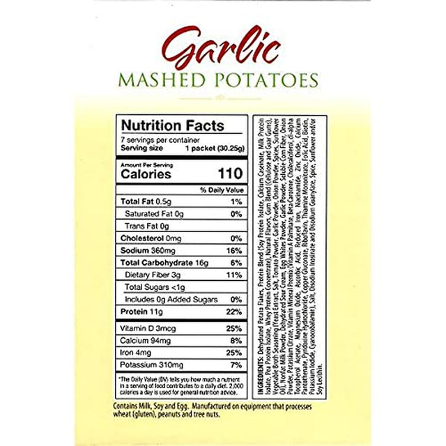 Proteinwise - High Protein Garlic Mashed Potatoes, Gluten Free, Aspartame Free, Kosher, Low Fat, Cholesterol Free, Weight Loss, Diet Healthy Food, 7 Servings/Box