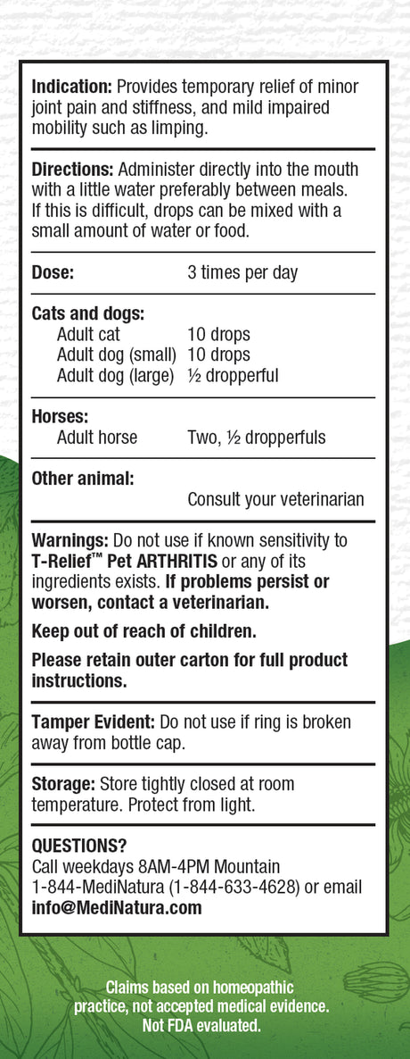 Medinatura T-Relief Pet Arthritis Pain Relief, Homeopathic, 50 Ml Oral Drops