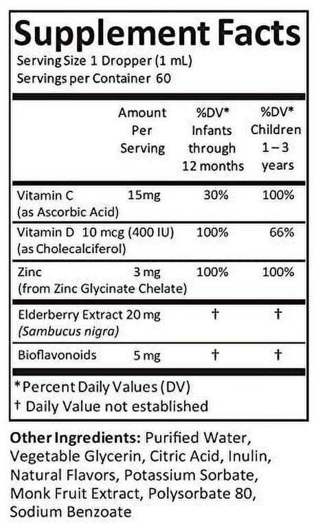 Kiddivit Baby Zinc Liquid Drops with Elderberry, Vitamin D3 & C - 60 Daily Servings, 2 Fl Oz (60 Ml) - Inulin Fortified (Prebiotic, Dietary Fiber) - Sugar Free, Gluten Free, Vegetarian Friendly