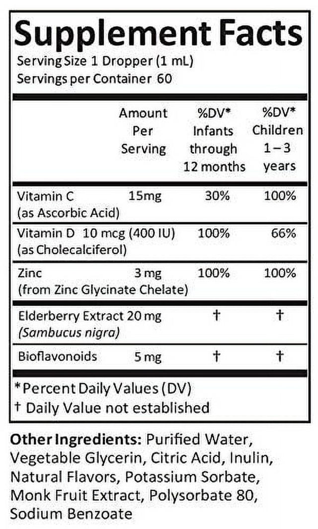 Kiddivit Baby Zinc Liquid Drops with Elderberry, Vitamin D3 & C - 60 Daily Servings, 2 Fl Oz (60 Ml) - Inulin Fortified (Prebiotic, Dietary Fiber) - Sugar Free, Gluten Free, Vegetarian Friendly