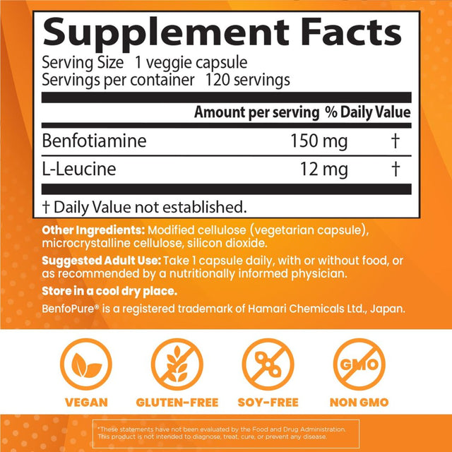 Doctor'S Best Benfotiamine 150 with Benfopure, Helps Maintain Healthy Glucose Metabolism, Non-Gmo, Vegan, Gluten Free, Soy Free, 150 Mg, 120 Veggie Caps Unflavored 120VC