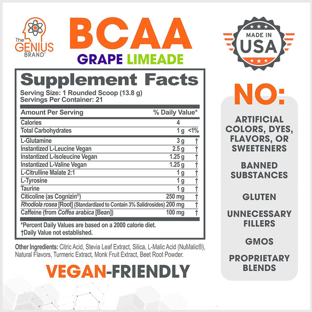 Genius BCAA Energy Powder, Grape Limeade - Nootropic Amino Acids & Muscle Recovery - Natural Vegan Bcaas Workout Supplement for Women & Men (Pre, Intra & Post Workout) - No Artificial Sweeteners