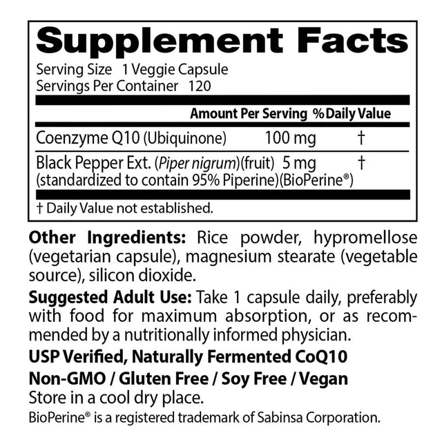 Doctor'S Best High Absorption Coq10 with Bioperine, Non-Gmo, Gluten Free, Soy Free, Vegan, Naturally Fermented, Heart Health, Energy Production,100 Mg 120 Veggie Caps