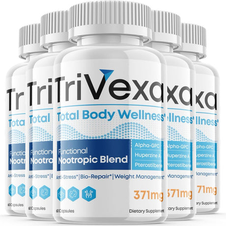 (5 Pack) Trivexa - Total Body Wellness - Dietary Supplement for Focus, Memory, Clarity, & Energy - Advanced Cognitive Support Formula for Maximum Strength - 300 Capsules