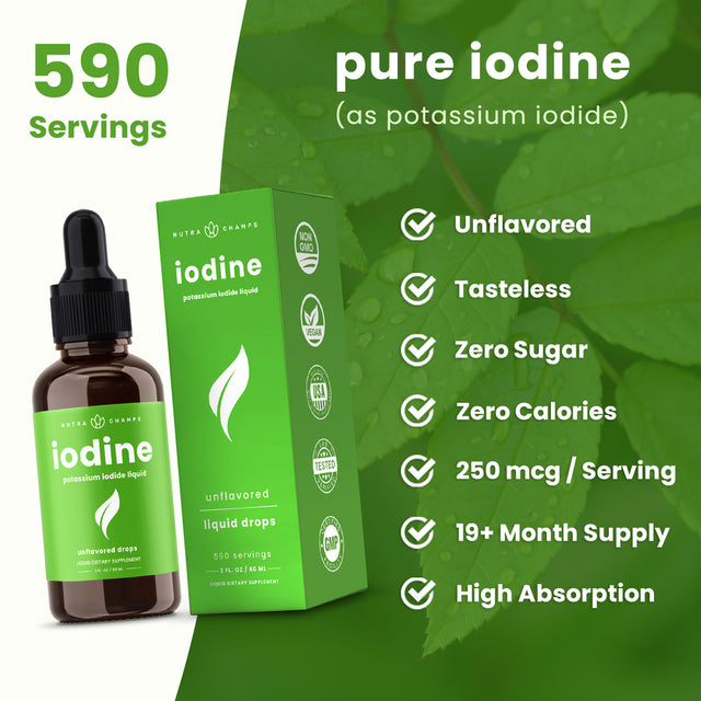 Nutrachamps Iodine Drops (1-2 Year Supply) Vegan Liquid Iodine Supplement Solution - Supports Thyroid Health, Hormones & Weight, Higher Absorption than Tablets - Iodine Tincture 590 Servings