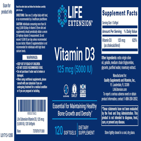 Life Extension Vitamin D3 125 Mg (5000 IU), 120 Softgels