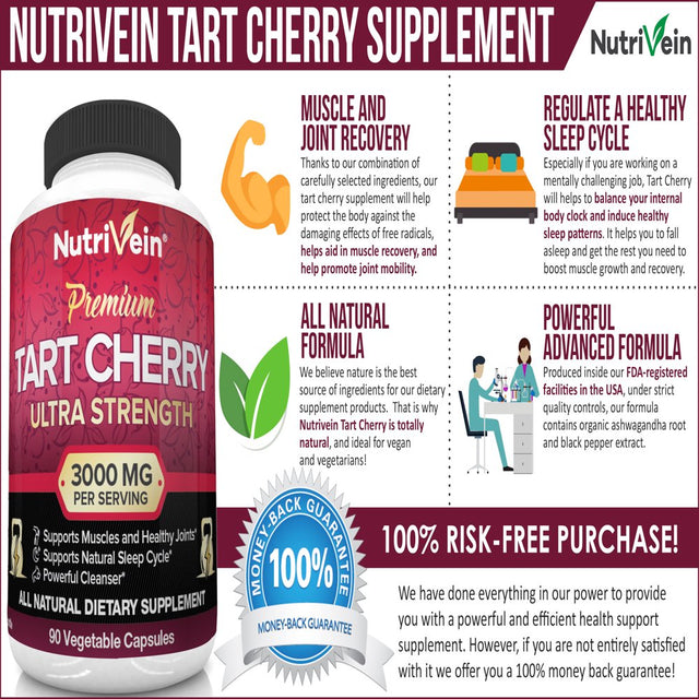 Nutrivein Tart Cherry Capsules 3000Mg - 90 Vegan Pills - Antioxidants, Flavonoids