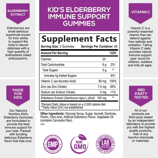 Elderberry Gummies for Kids with Vitamin C, Zinc & Sambucus Black Elderberry Extract - Daily Childrens Immune Support Vitamins Gummy Supplement, Non-Gmo, Vegan, Natural Berry Flavor - 120 Gummies