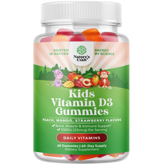 Chewable Vitamin D Gummies - Delicious Kids Vitamin D 1000 IU per Serving Gummy Vitamins for Kids and Toddlers Immune Support plus Muscle Teeth and Bone Health - Gelatin Free Non-Gmo Fruit Flavors