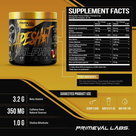 Primeval Labs Ape Alpha Natural Pre Workout Powder, Boost Energy, Increase Endurance and Focus, Beta-Alanine, 350Mg Natural Caffeine Extract, Nitric Oxide Booster, Cherry Lemonade, 40 Servings