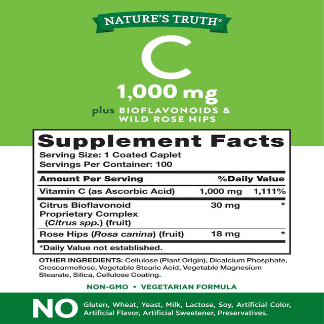 Nature'S Truth Vitamin C plus Bioflavonoids & Wild Rose Hips Tablets, 1000 Mg, 100 Count