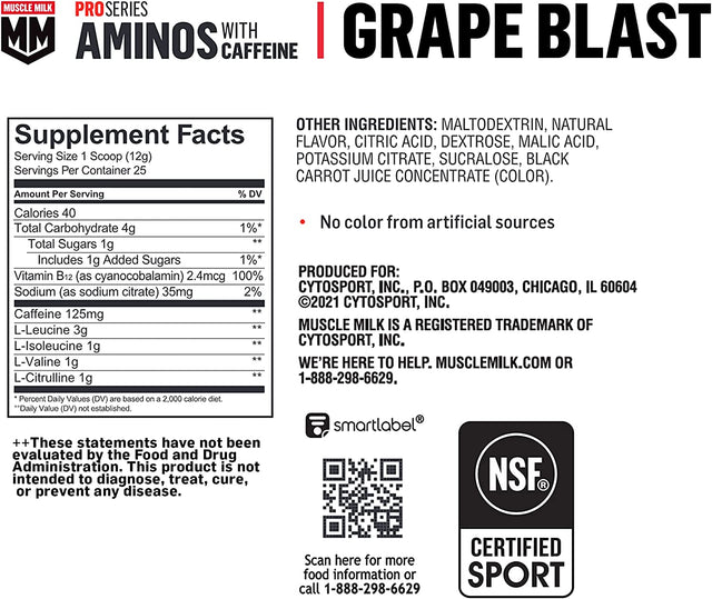 Muscle Milk Pro Series Aminos with Caffeine Powder Supplement, Grape Blast, 10.6 Ounces, 25 Servings, 5G Bcaas, 125Mg Caffeine, 1G Sugar, Vitamin B12, NSF Certified for Sport, Packaging May Vary