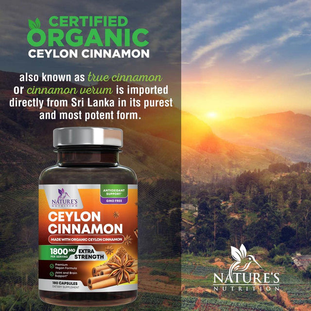 Pure Cinnamon Capsules, Certified Organic Ceylon Cinnamon Pills, Non-Gmo, Gluten-Free, Dairy-Free, Sri Lanka Cinnamon Powder Supplement, Best Vegan True Cinnamomum Vitamins, Sugar Free - 180 Capsules