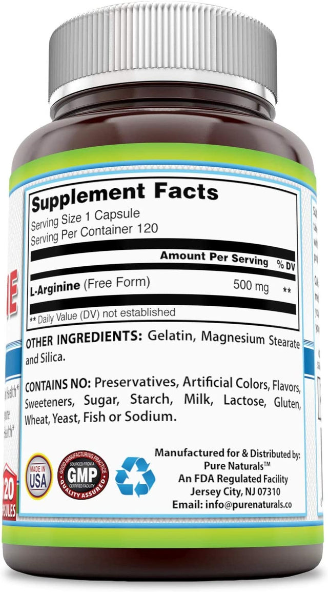 Pure Naturals L-Arginine 500 Mg Capsules, Supports Cardiovascular Health, Supports Healthy Immune Function & Hormone Health, Promotes Healthy Circulation (120)