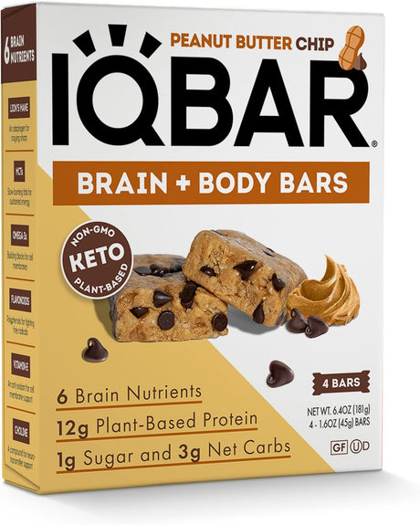 IQBAR Brain and Body Keto Protein Bars - Peanut Butter Chip Keto Bars - 4 Count Energy Bars - Low Carb Protein Bars - High Fiber Vegan Bars and Low Sugar Meal Replacement Bars - Vegan Snack