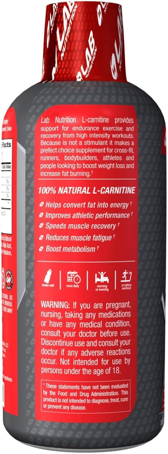 Lab Nutrition - L-Carnitine 3000 MG Liquid Presentation, Supplement Drink, Stimulant Drink, Metabolic Energizer Workout Drink for Performance and Muscle Recovery (31 Servings, Lemon Lime)