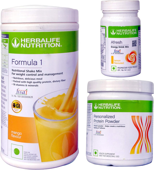 Herbalife Weight Loss Program Package- Formula 1 Mango 500 G, Protein Powder 200 G, Afresh Energy Drink Mix 50 G (Lemon)