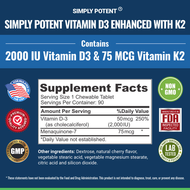 Vitamin D3 2000IU + Vitamin K2 75MCG, Cherry Flavored Vitamin D3 K2, Chewable Alternative to Softgels, Gummies, Capsules or Pills for Calcium Absorption, Heart, Bone, Teeth, Mood & Immune, 90 Tablets