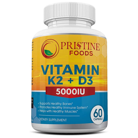 Pristine Foods Extra Strength Vitamin K2 (MK7) with D3 (5000 IU) Supplement - for Bone and Heart Health, Immune Health Support - 60 Capsules