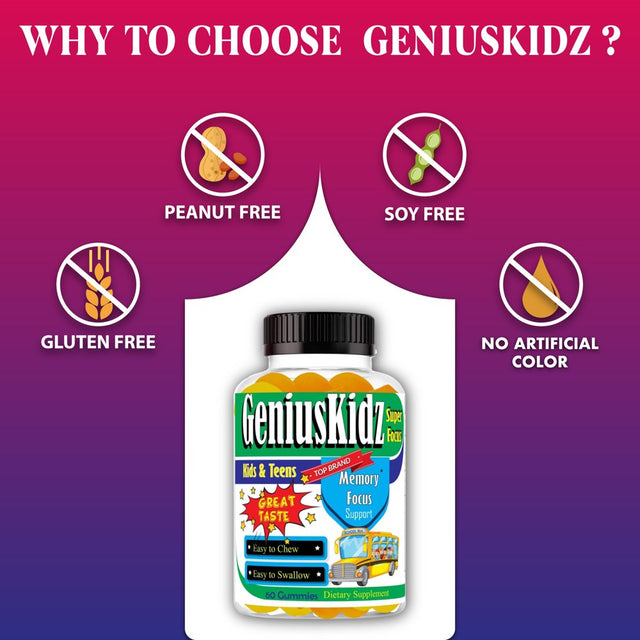 Geniuskidz Brain Focus Supplement Kids Focus and Attention Supplements Brain Booster Vitamins for Kids,Omega 3 Gummies for Kids & Teens- 60Ct